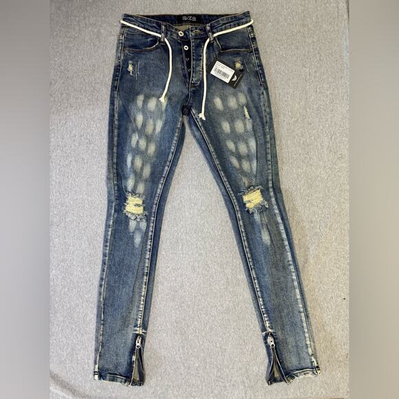 SIZE Up Apparel Men's BodyBuilder Fit Distressed Blue Jeans | Size S - Picture 2 of 9